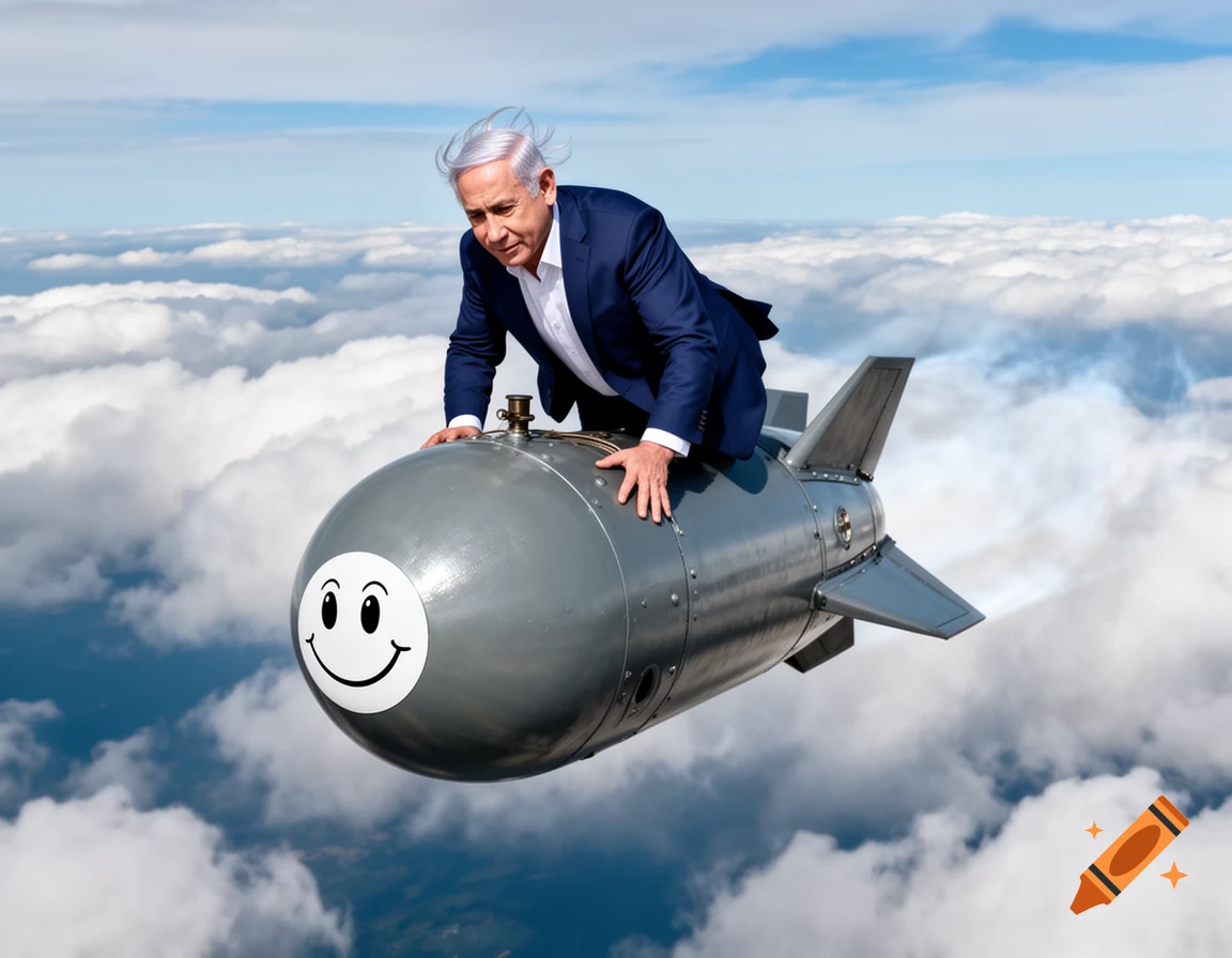 Benjamin Netanyahu in a suit riding a grey bomb with a smiley face through a cloudy sky.