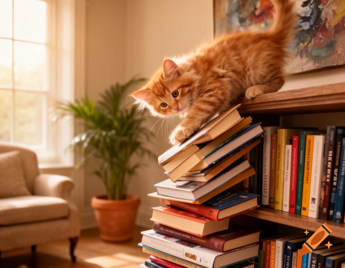 An orange tabby kitten playfully batting at a precarious stack of books on a wooden bookshelf in a sunlit room.