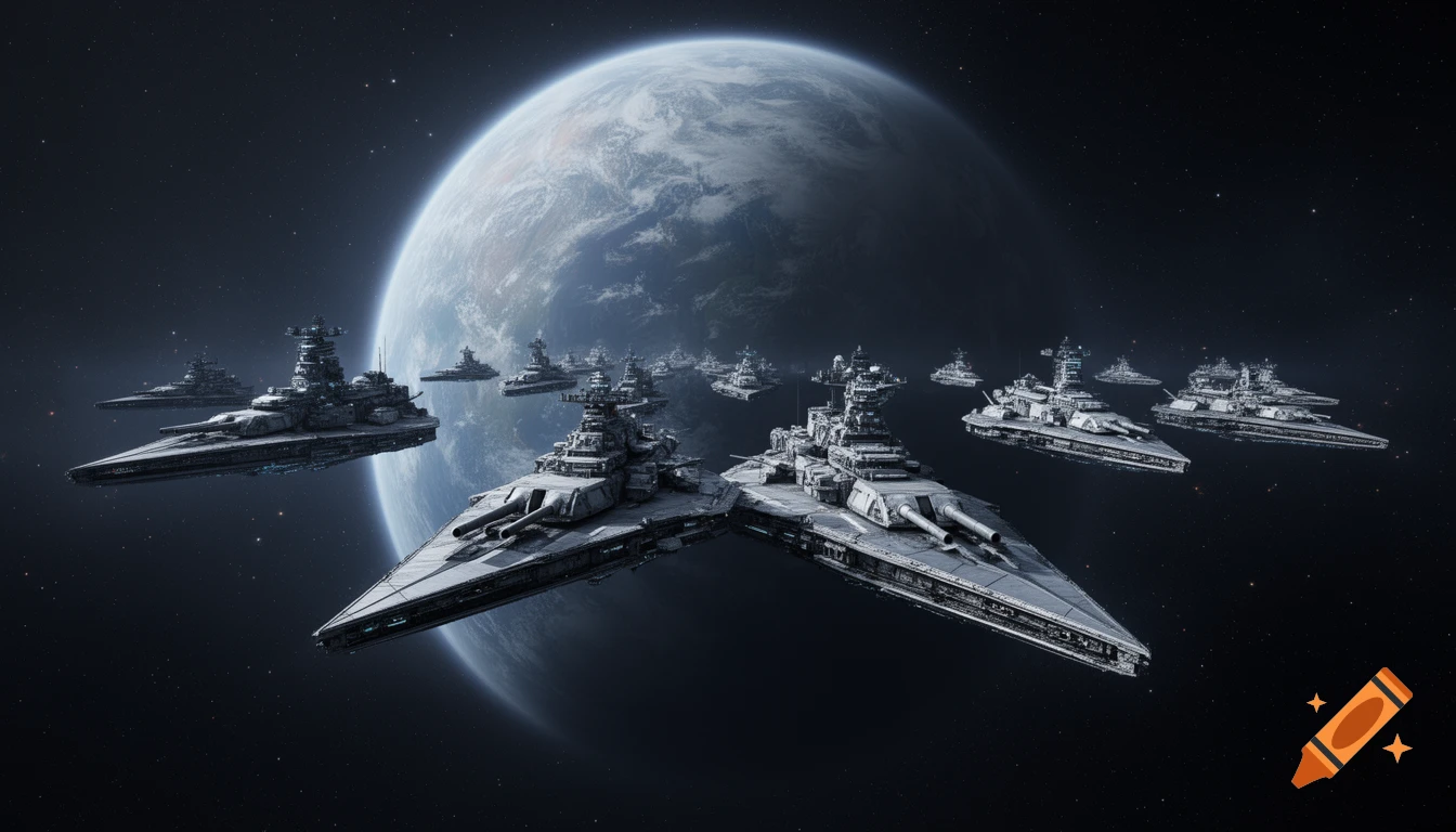 A fleet of triangular-shaped, heavily armed warships travels through space with a large planet in the background.