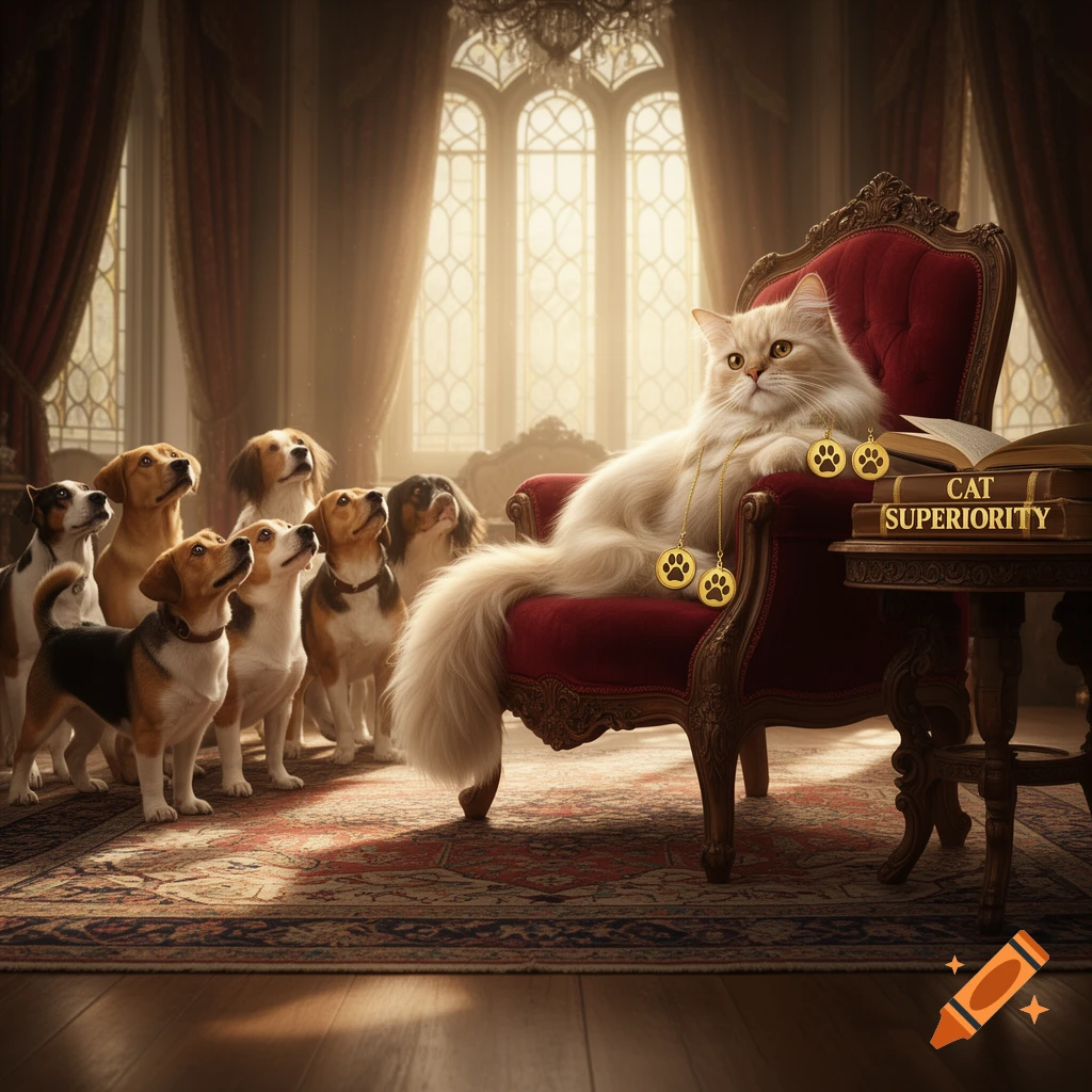 A majestic cat on a red velvet throne, wearing paw print medallions, overlooks attentive dogs in a grand room. Books titled 'CAT SUPERIORITY' are nearby.