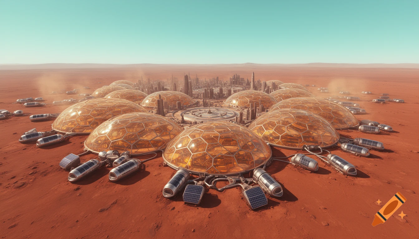 A futuristic Martian colony featuring large glass domes and a city skyline on a red desert landscape under a clear sky.