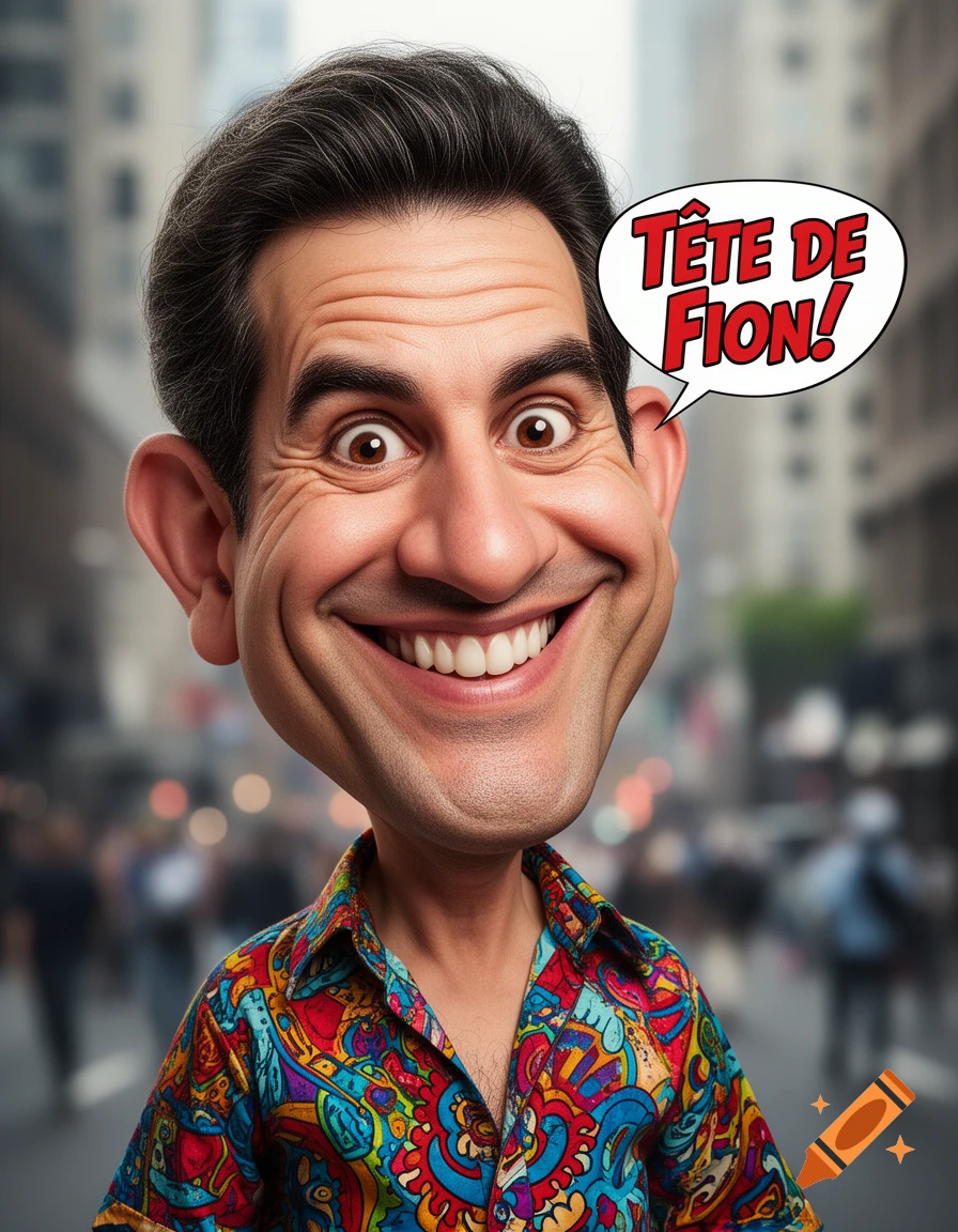A caricature of a man with a big head and wide smile, wearing a colorful patterned shirt, with a speech bubble saying 'TÊTE DE FION!'.