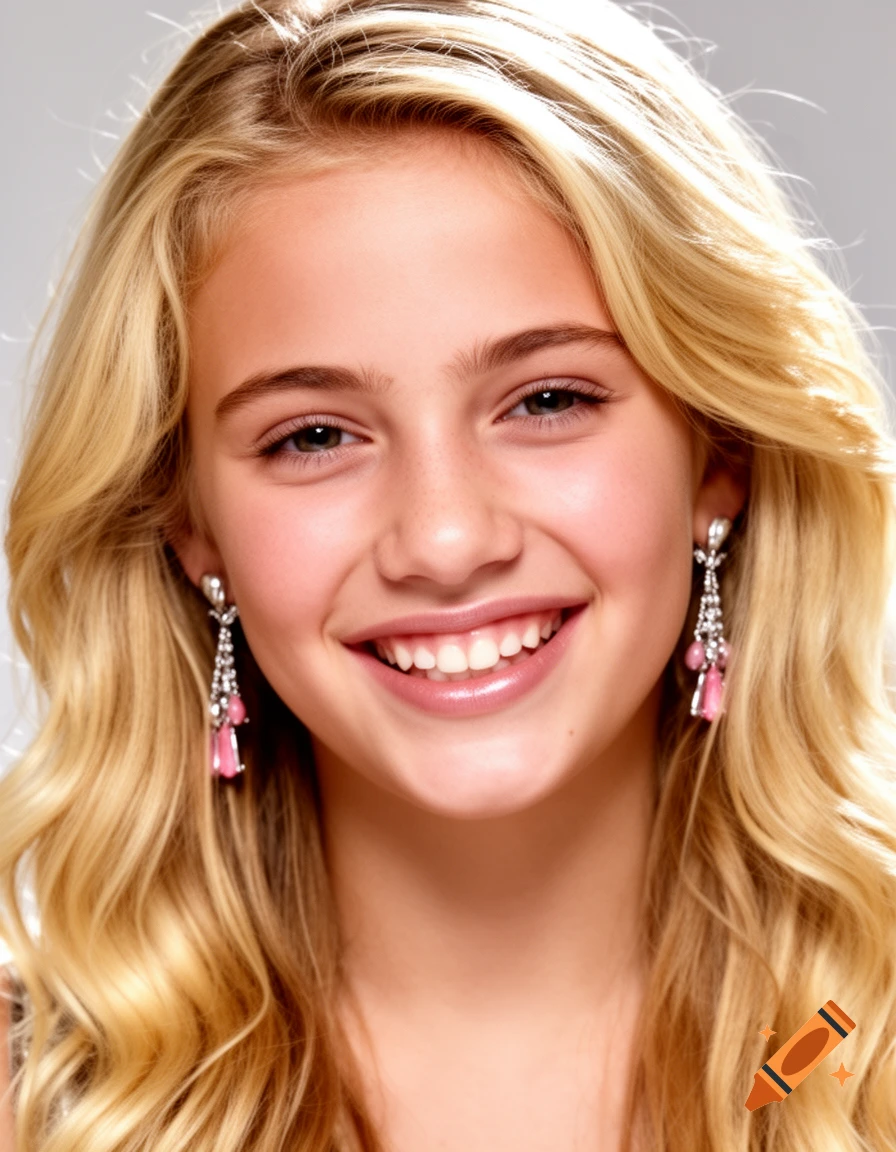 A close-up portrait of a smiling blonde teenage girl with wavy hair, wearing long pink and silver dangling earrings.