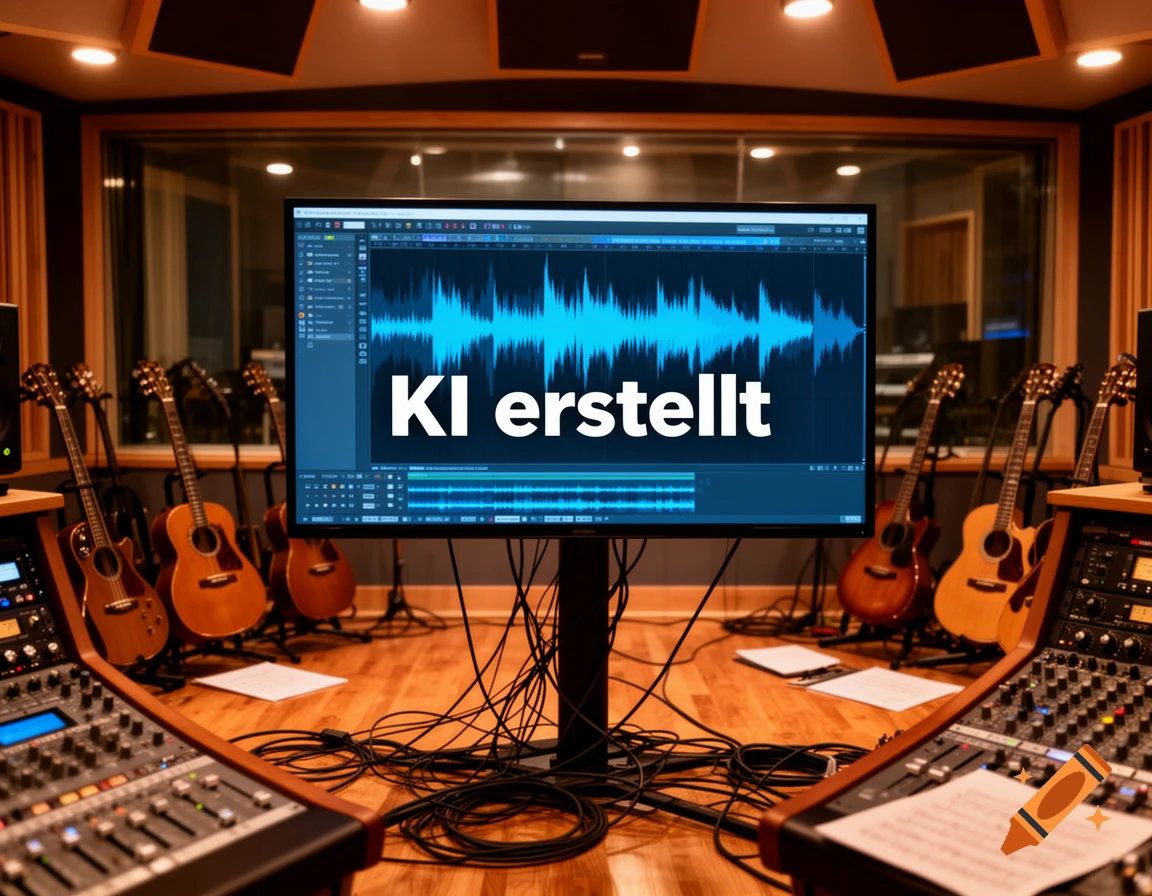 A photorealistic recording studio with guitars and mixing consoles, featuring a monitor displaying sound waves and 'KI erstellt' (AI created).