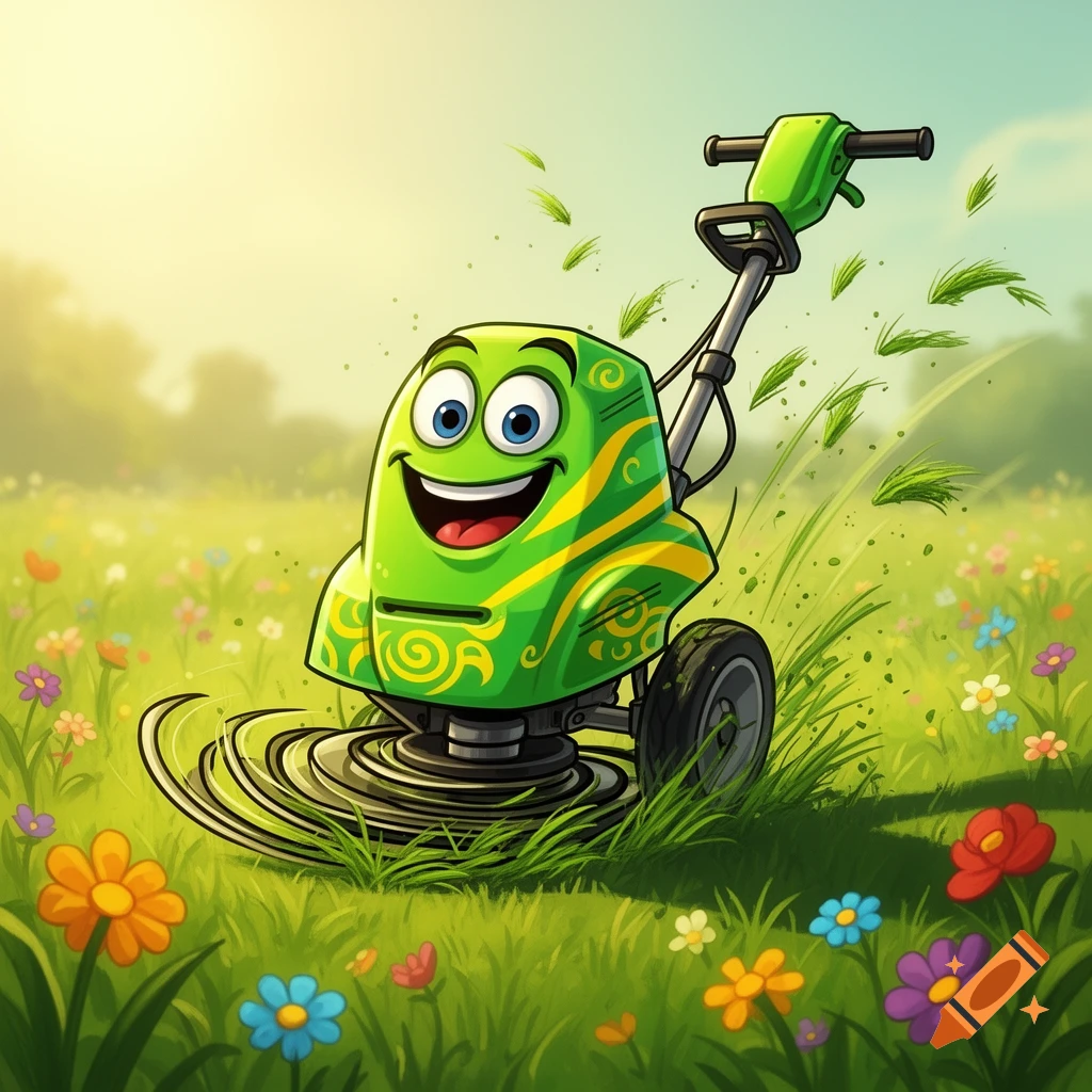 A happy cartoon weedeater character with a green body, yellow stripes, and large blue eyes smiles in a colorful field of grass and flowers.