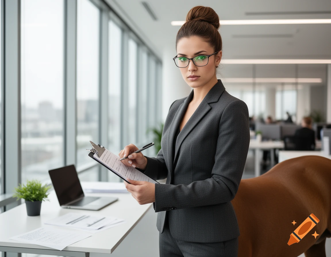 A professional centaur secretary with a bun and glasses holds a clipboard and pen in a modern office.