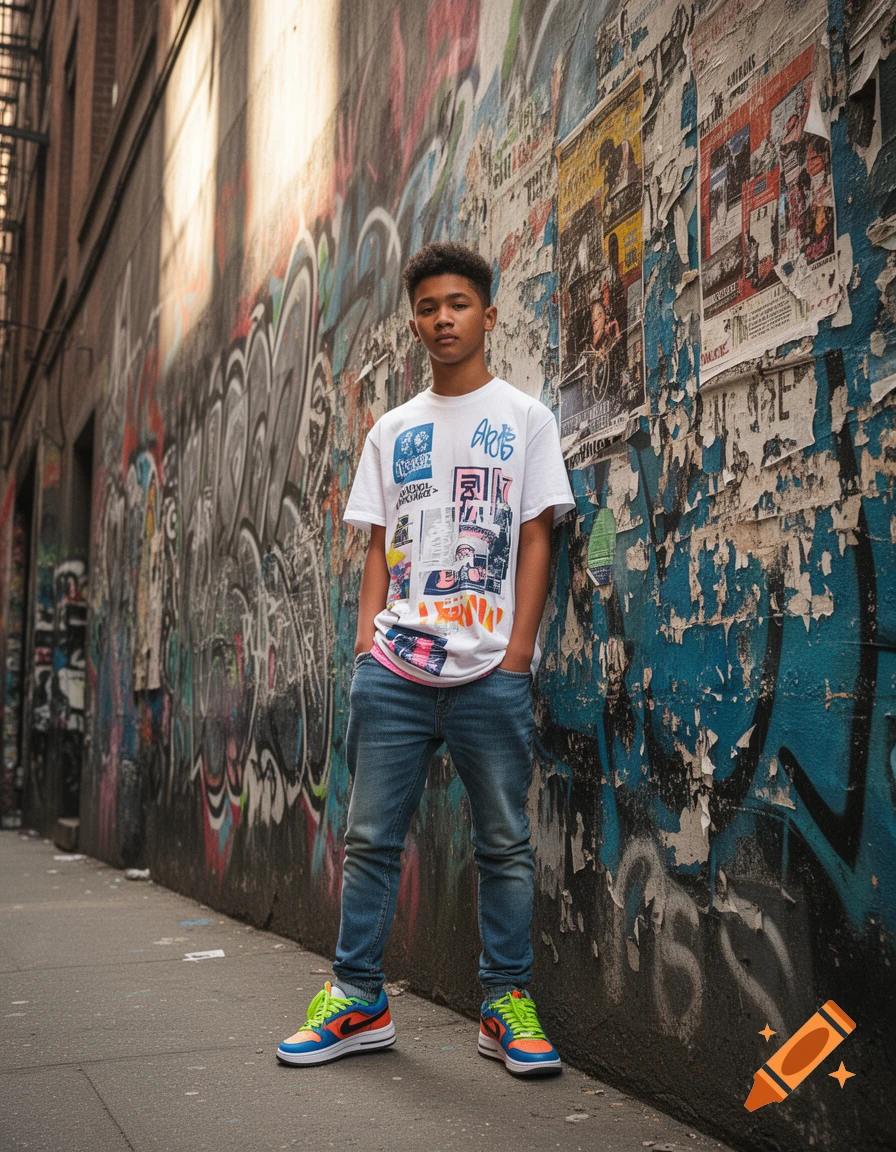 A young boy stands against a graffiti-covered wall, wearing a white t-shirt with graphics, jeans, and colorful sneakers.