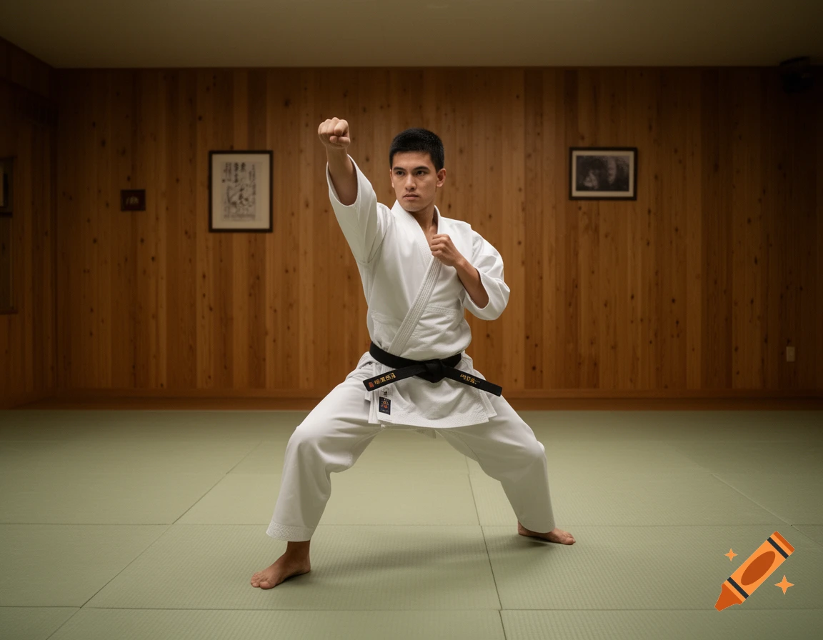 A male martial artist in a white gi and black belt performs a karate pose in a dojo.