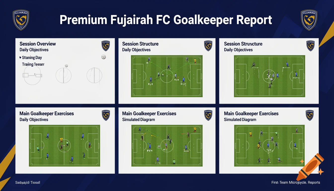 A Premium Fujairah FC Goalkeeper Report showing a dark blue background with various soccer training diagrams on green pitches, along with text headers and bullet points.