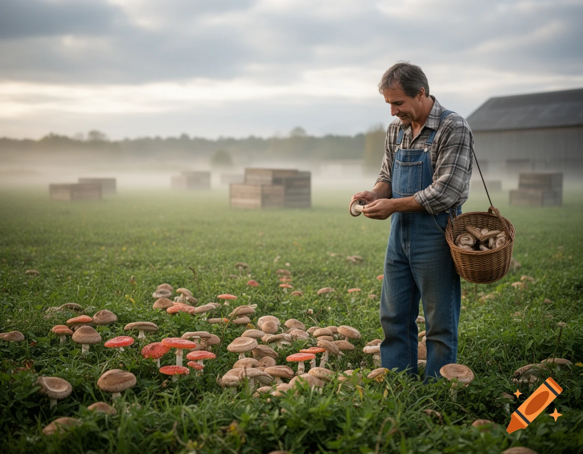 A man in overalls harvests mushrooms in a misty field at dawn, carrying a basket of mushrooms.