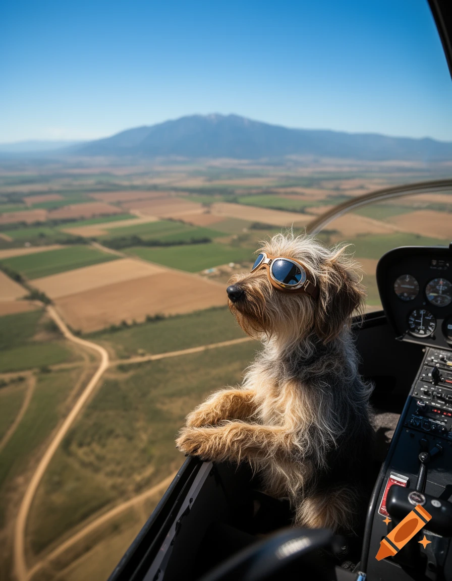 A wired-haired dog in aviator goggles looks out from a helicopter cockpit flying over fields and a mountain.