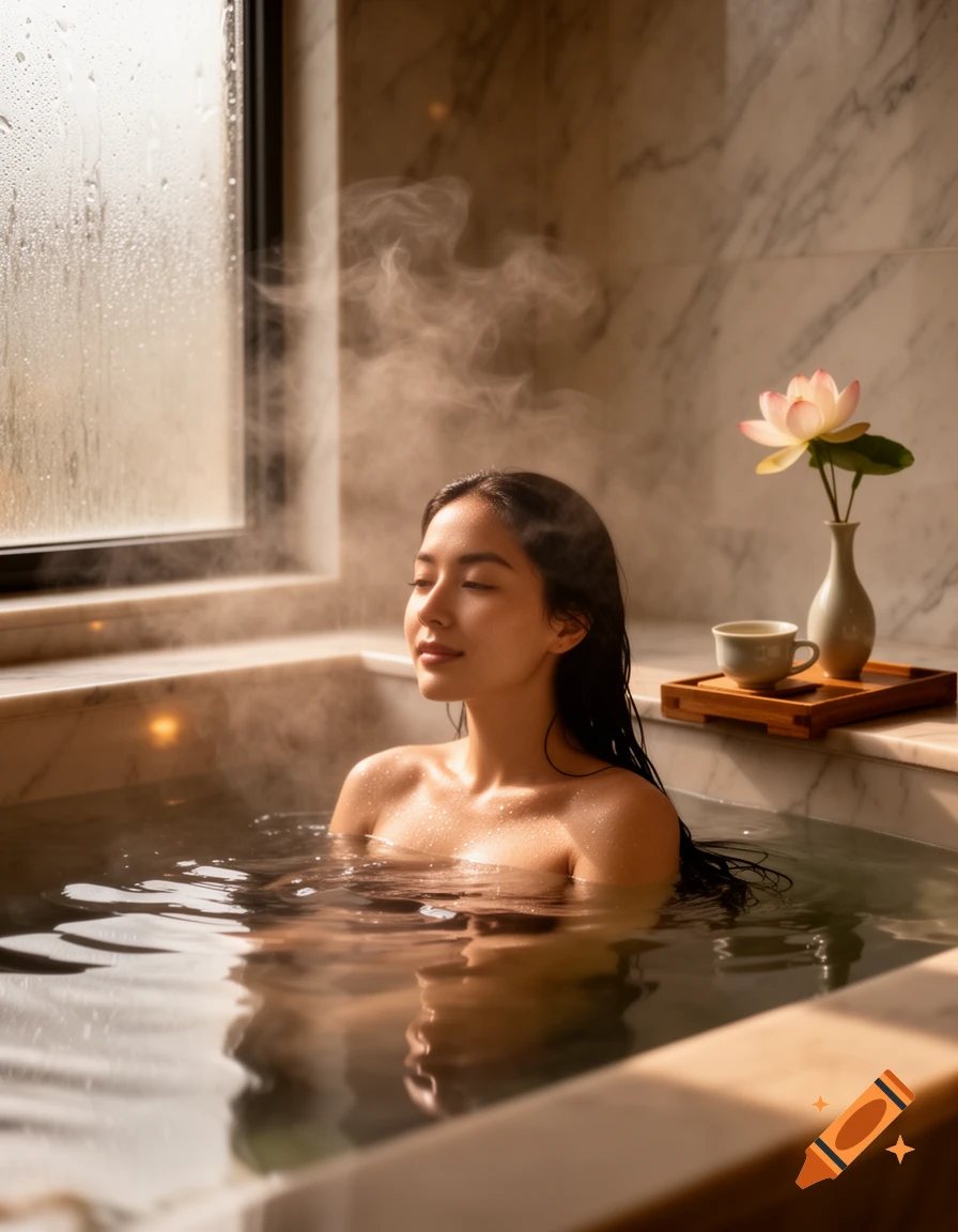 A woman with her eyes closed relaxing in a steamy bathtub, with a lotus flower in a vase nearby.