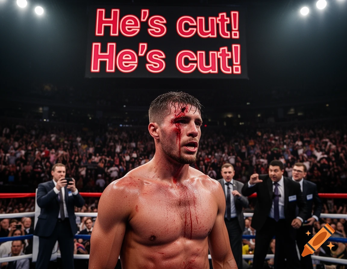 A photorealistic image of a bloodied boxer in a ring, looking forward as the words 'He's cut! He's cut!' are displayed on a large screen above.