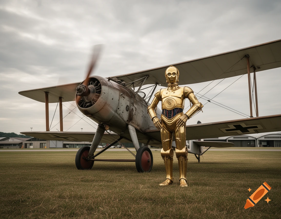C-3PO stands in a grassy field next to a vintage biplane under a cloudy sky.