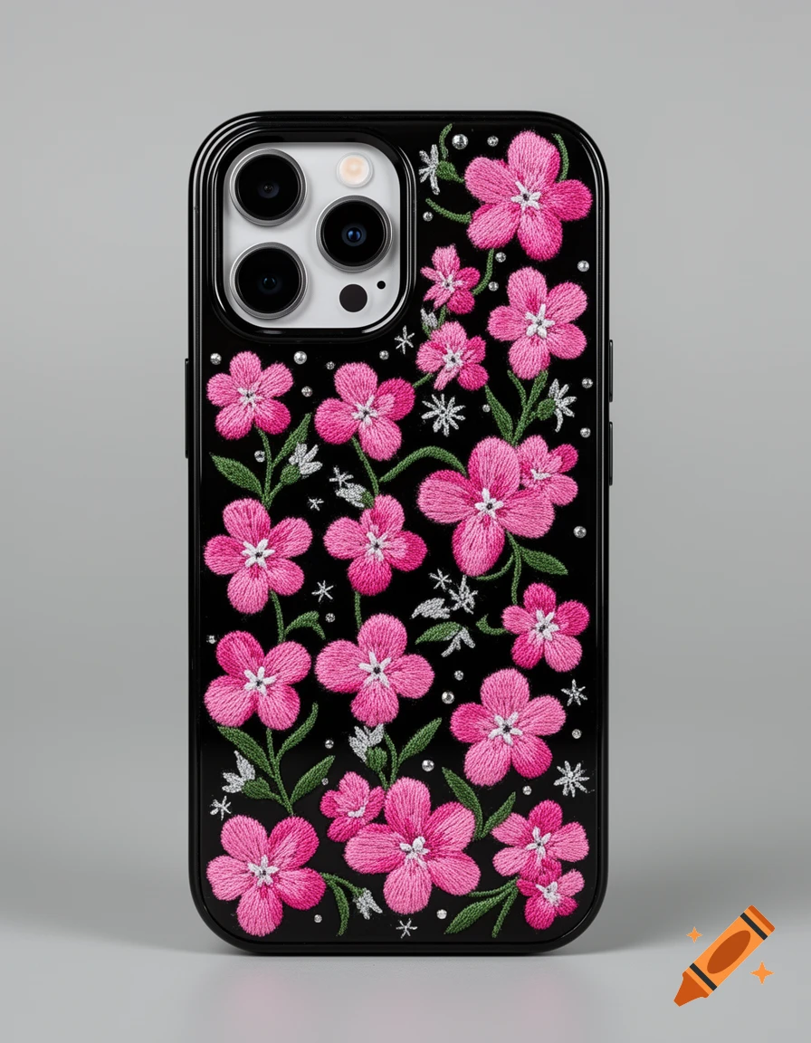 A black iPhone 15 case is covered in vibrant pink embroidered flowers and small silver studs, against a grey background.