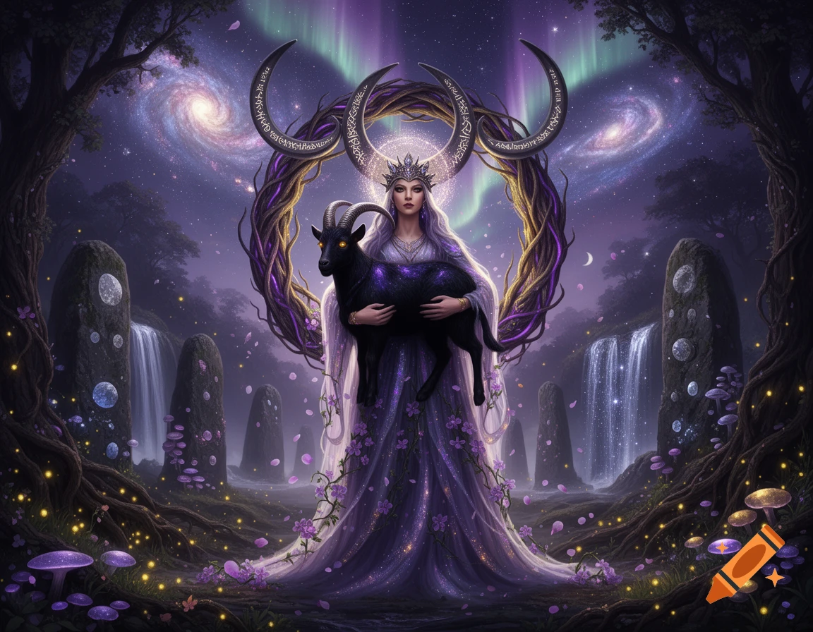 A photorealistic dark fantasy depiction of a goddess holding a black goat with glowing eyes in a cosmic forest with auroras and standing stones.