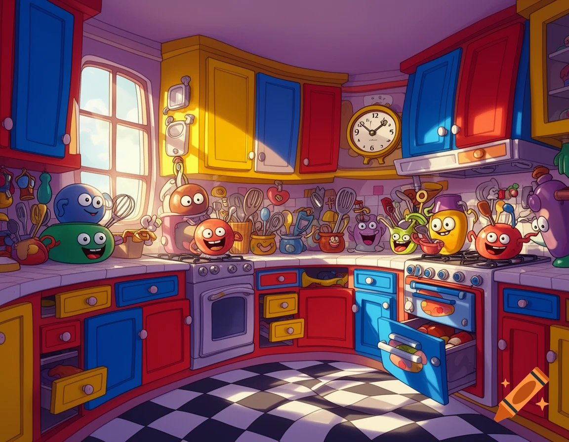 A vibrant cartoon kitchen with colorful cabinets and a checkered floor, filled with cheerful, anthropomorphic kitchenware characters.
