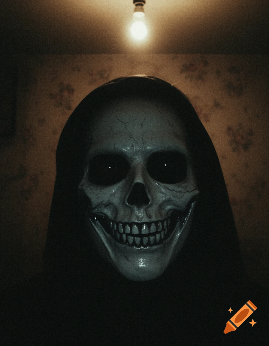 A creepy, skeletal mask with a wide smile and dark eyes under a bare lightbulb in a dimly lit, vintage-style room.
