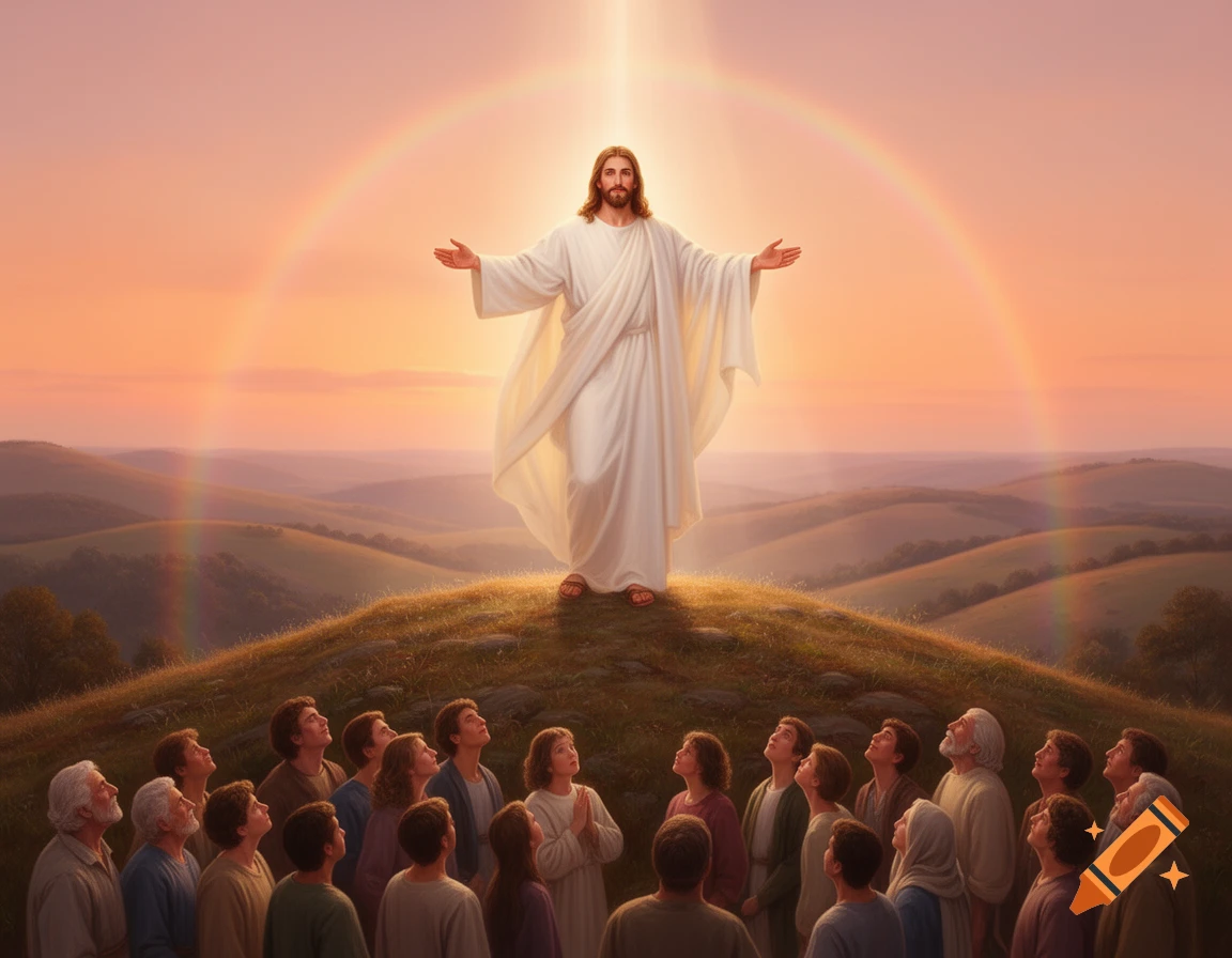 Jesus stands on a grassy hill with outstretched arms, glowing, under a sunset sky with a rainbow, as a crowd looks up at him.