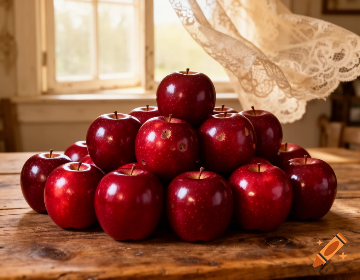 A pile of shiny red apples rests on a rustic wooden table, with a sunlit window and a lace curtain in the soft-focus background.
