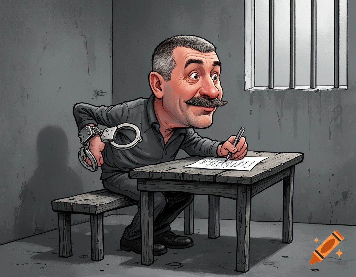 A satirical caricature of a man with a large mustache, wearing handcuffs in a bleak prison cell, awkwardly writing on a wooden table.