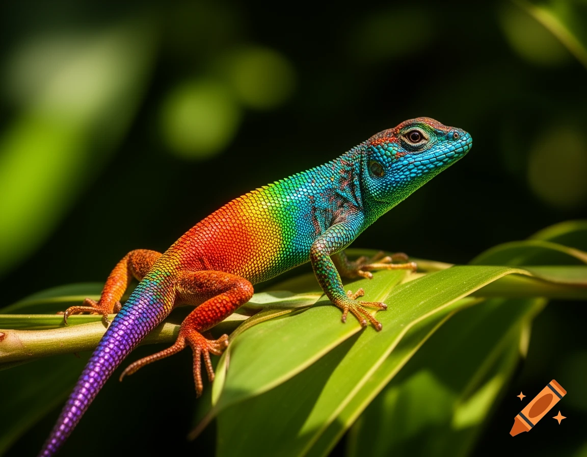 A vibrant rainbow-colored lizard with blue, green, yellow, orange, and purple scales rests on a green leaf.