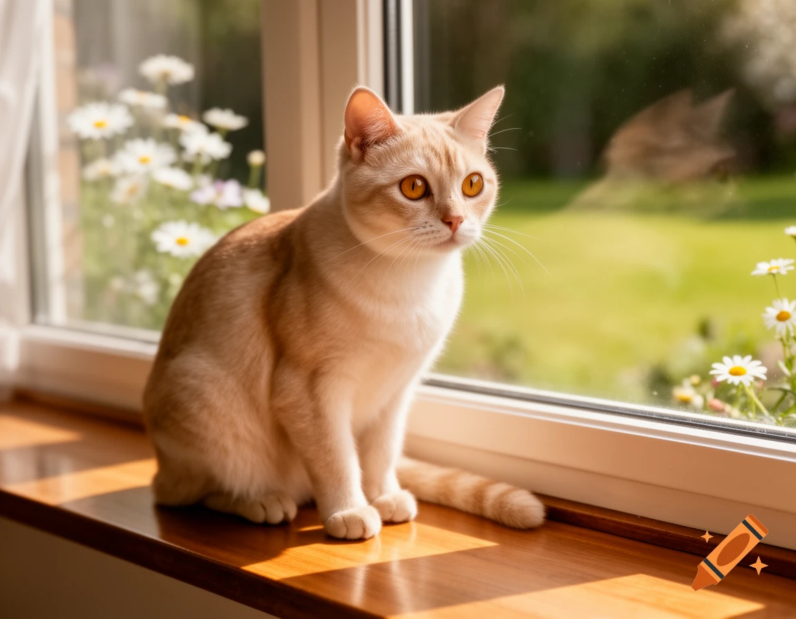 A light orange cat with bright amber eyes sits on a wooden windowsill, looking out at a sunny green garden with white daisies.