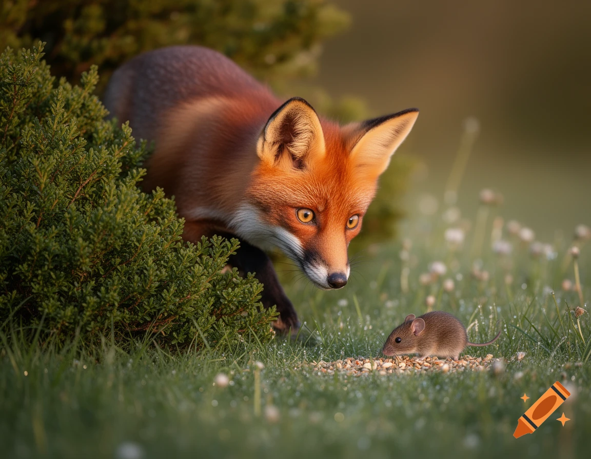 A photorealistic red fox peeks from behind a green bush, intently watching a small brown field mouse eating seeds on dewy green grass.