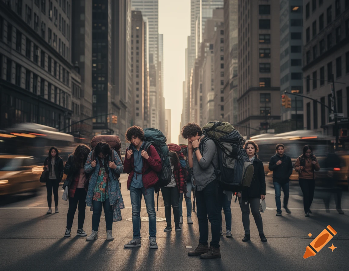 Students carrying heavy backpacks walk across a busy city street with tall buildings and blurred traffic.