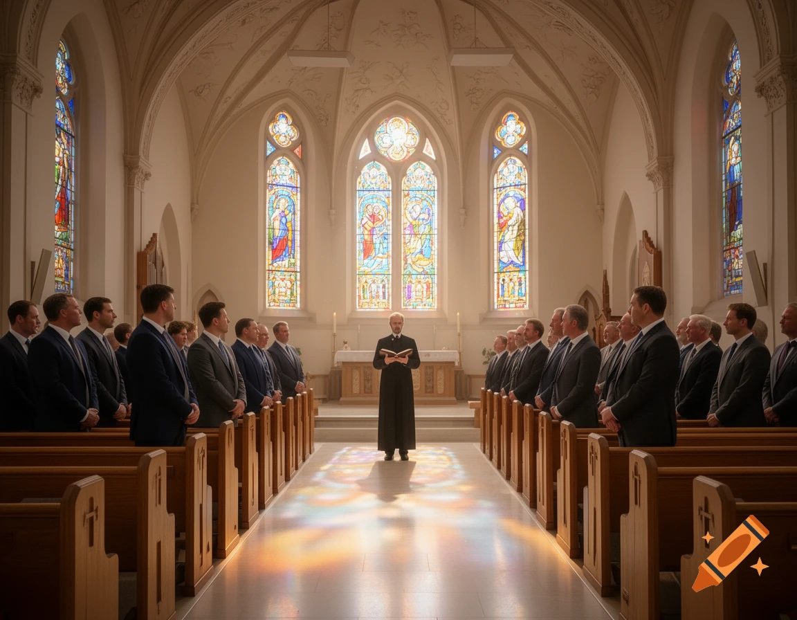 A photorealistic church service with a priest reading from a book and men standing in pews under colorful stained glass windows.