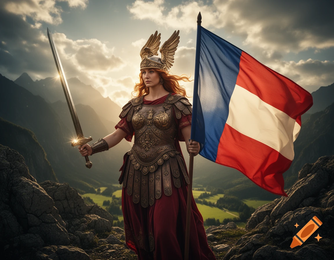 A red-haired warrior woman in golden armor and a winged helmet holds a sword and a French flag on a mountain.