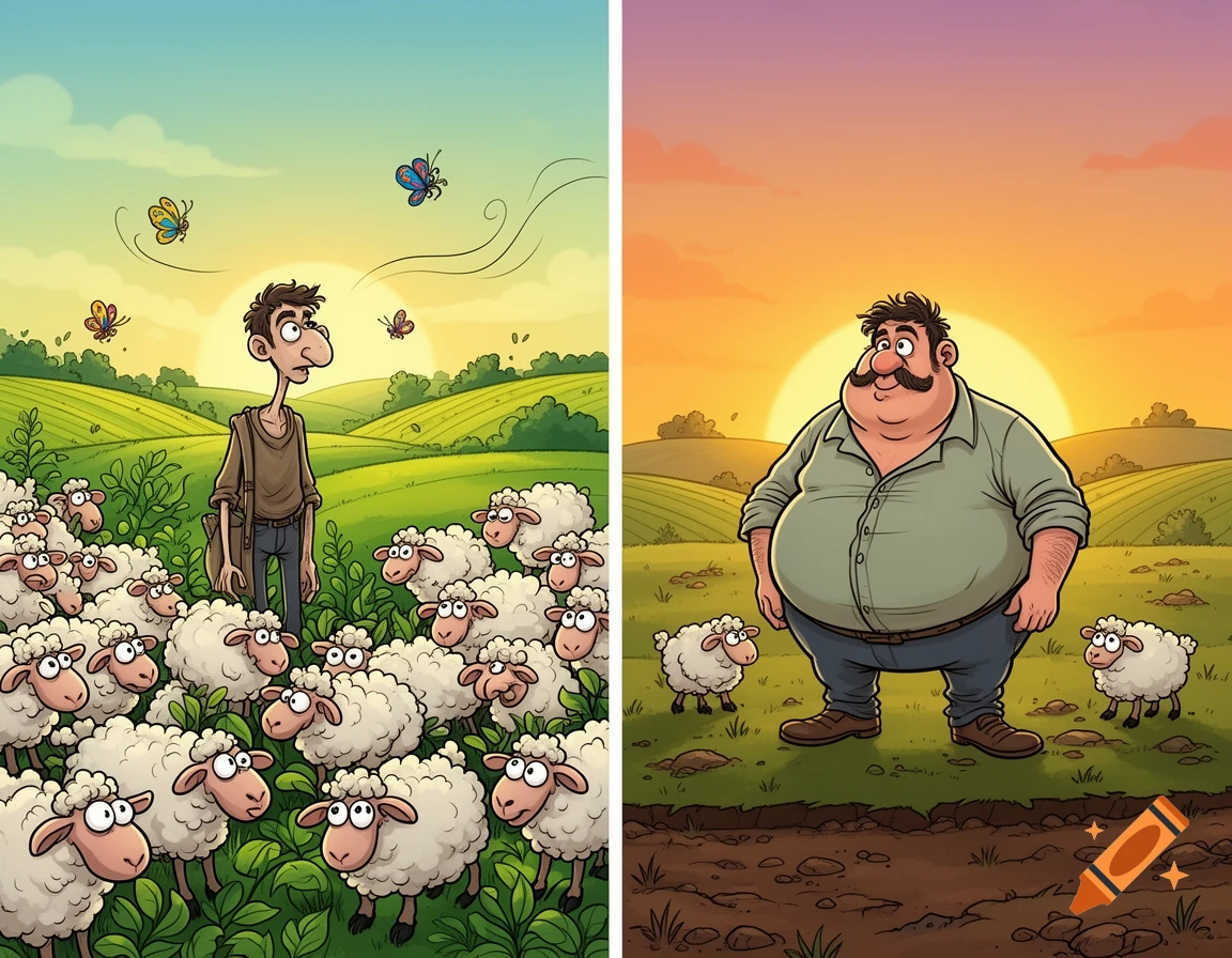 A split cartoon image shows a skinny shepherd with many sheep in a green field on the left, contrasted with a fat shepherd and few sheep on the right, under a sunset sky.