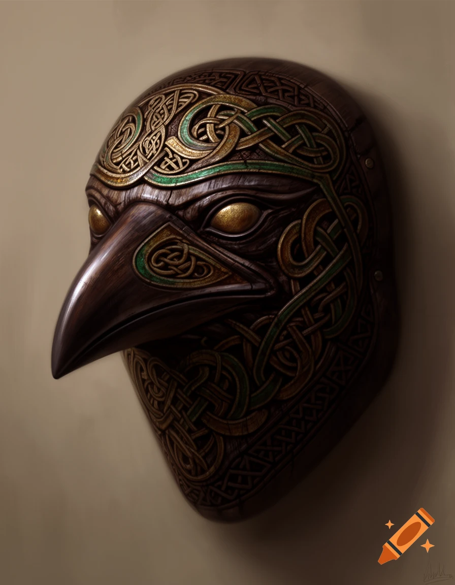A wooden raven mask with intricate gold and green Celtic knotwork detailing, viewed from a 3/4 angle.