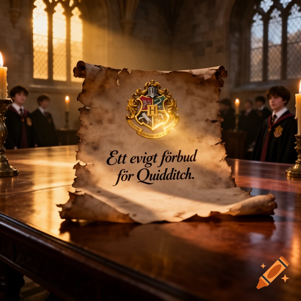 A scroll with the Hogwarts crest and Swedish text "Ett evigt f r Quidditch" on a wooden table in a dimly lit hall with students.