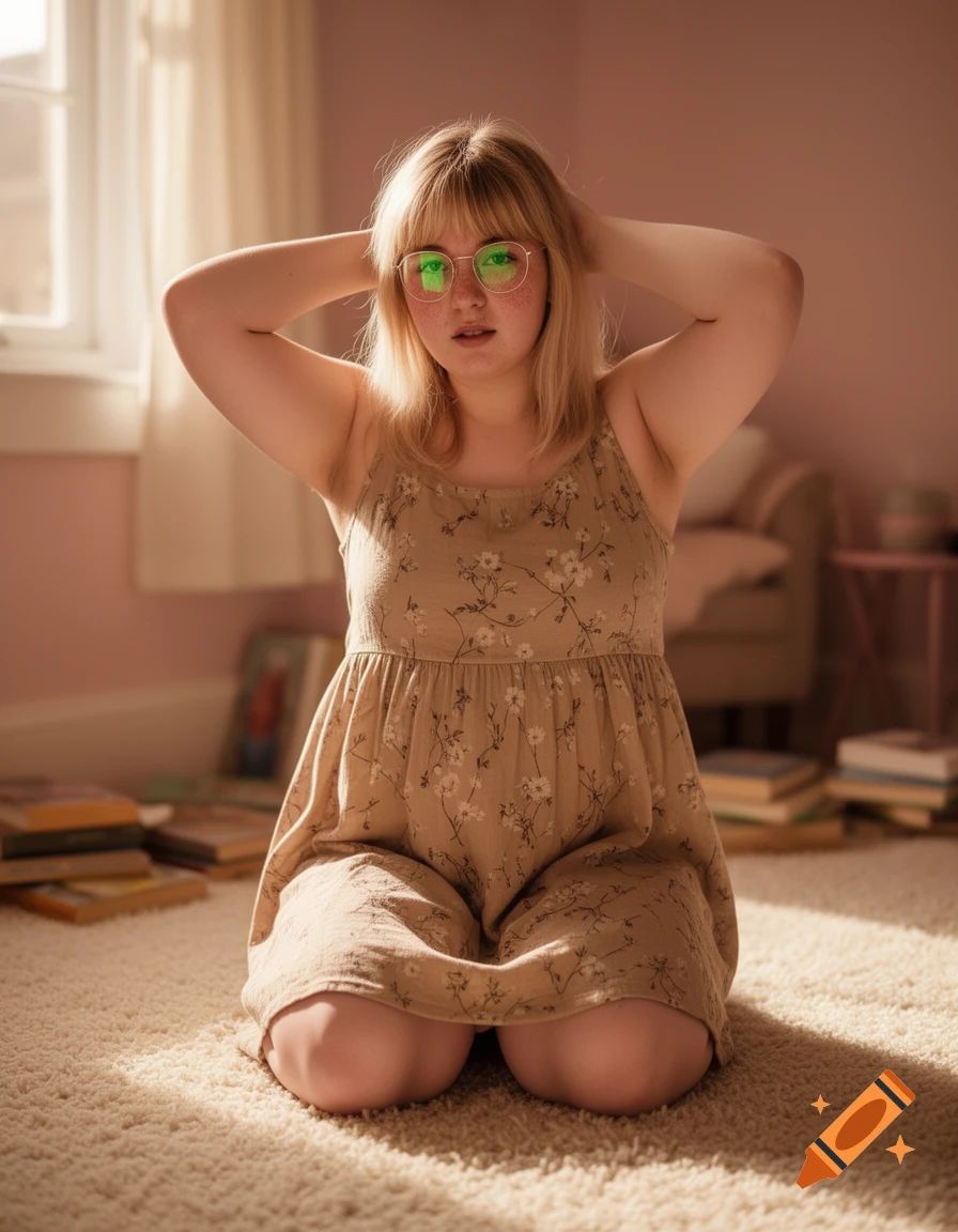 A blonde woman with bangs, glasses, and freckles kneels on a sunlit carpeted bedroom floor, wearing a beige floral dress.