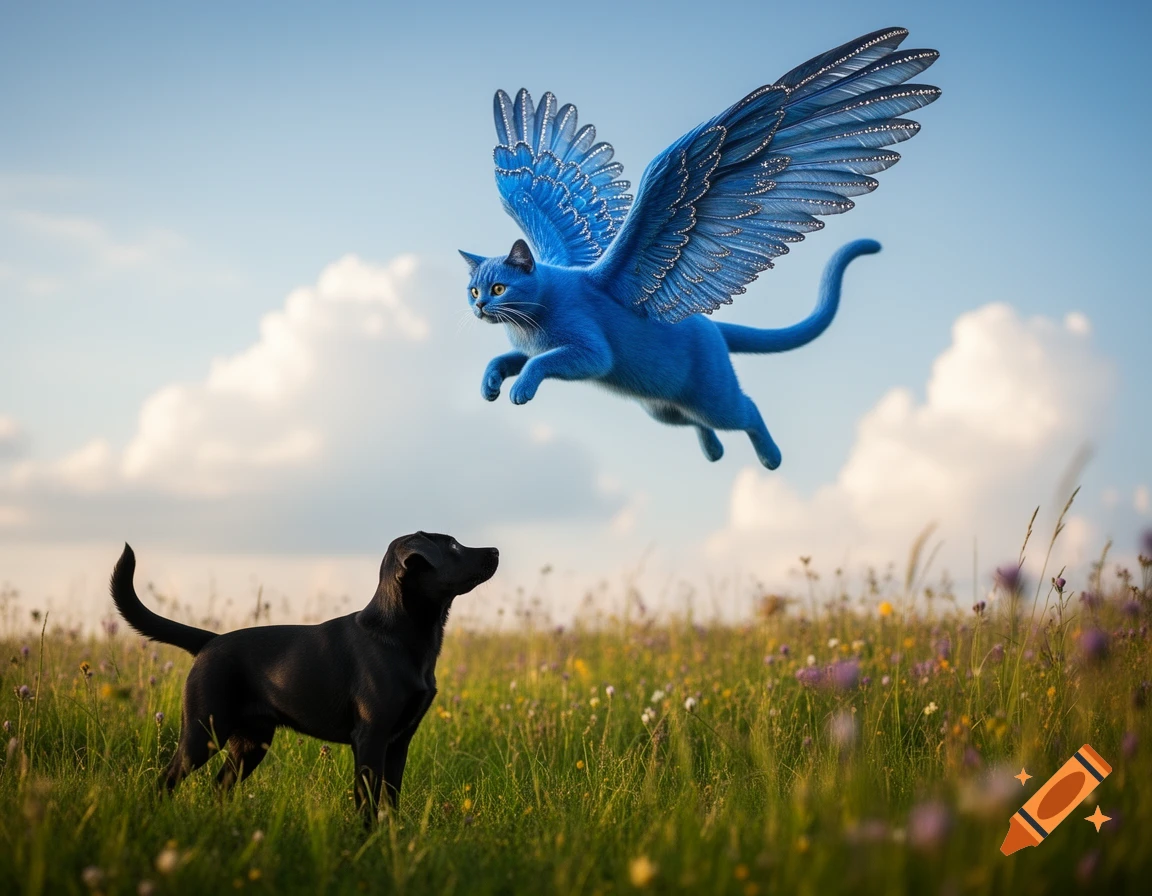 A black dog looks up at a bright blue winged cat flying above a grassy field under a blue sky.