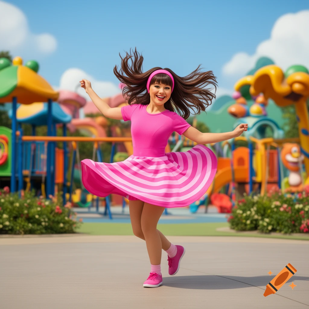 A young woman, Stephanie, in a bright pink dress and headband dances with her hair flying in a vibrant playground on a sunny day.