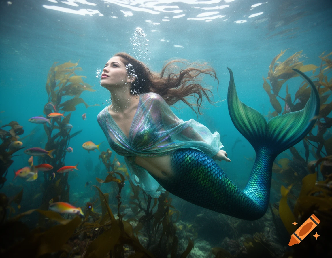 Photorealistic mermaid with flowing hair and a shimmering tail swims gracefully upwards through kelp in a clear blue ocean.