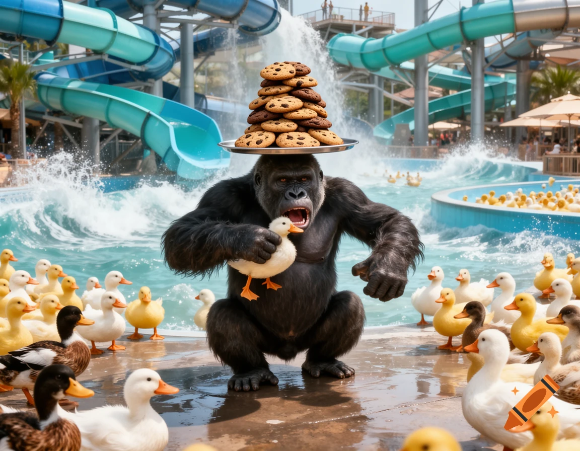 An upset gorilla balances a tall stack of cookies on its head, holding a small duck, surrounded by numerous ducks in a vibrant water park.