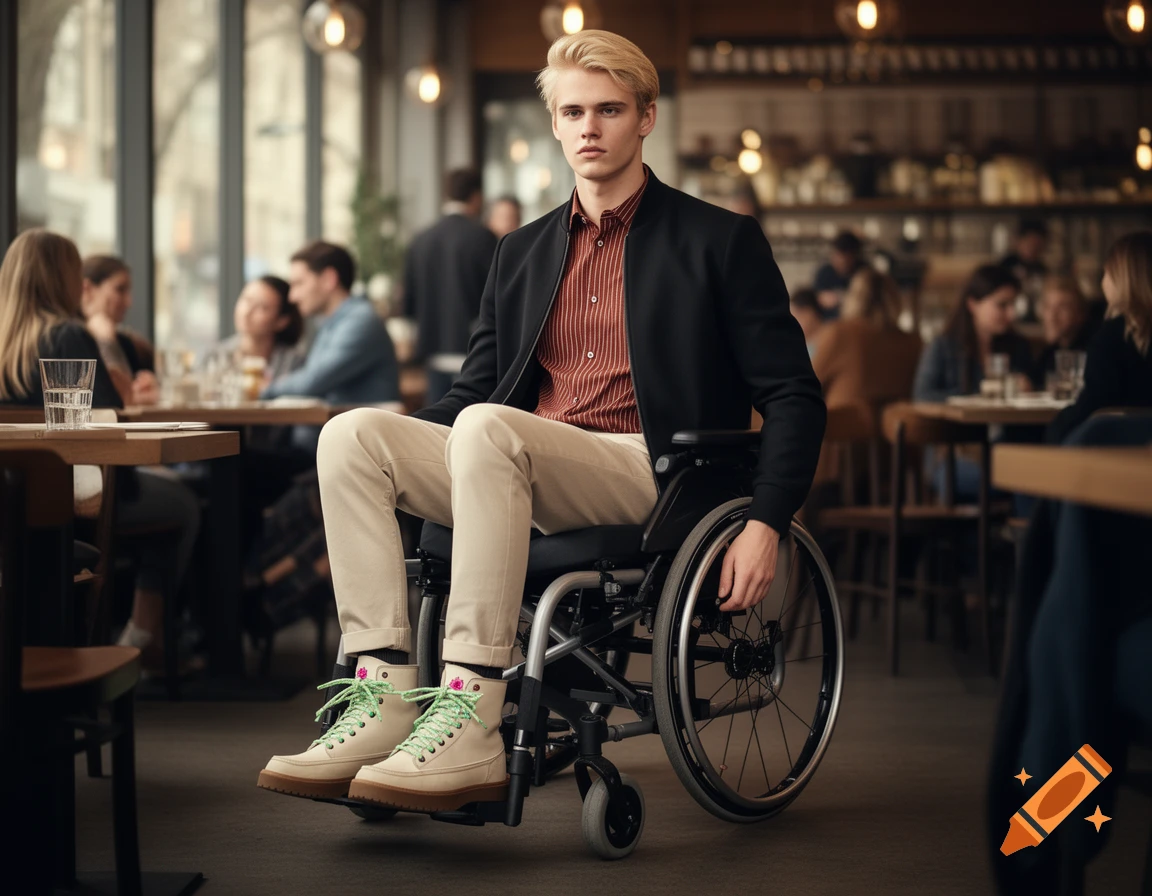 A young blonde man in a manual wheelchair sits in a busy cafe, wearing a black blouson over a striped shirt and light chinos.