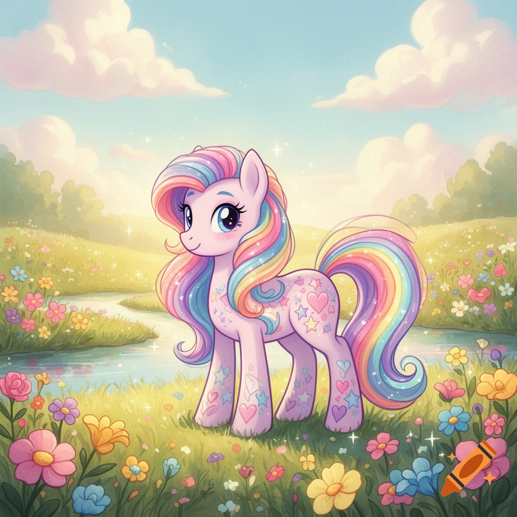 A pastel pink My Little Pony with a rainbow mane and tail stands in a vibrant flower field by a stream, in a cheerful cartoon style.