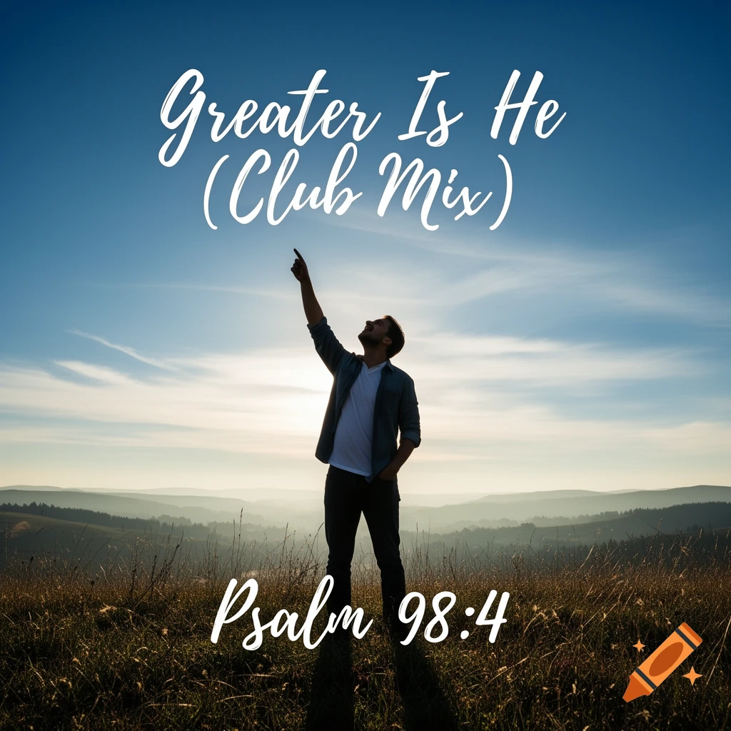 Man on a hill, silhouette against a blue sky, pointing up, with text "Greater Is He (Club Mix)" and "Psalm 98:4".