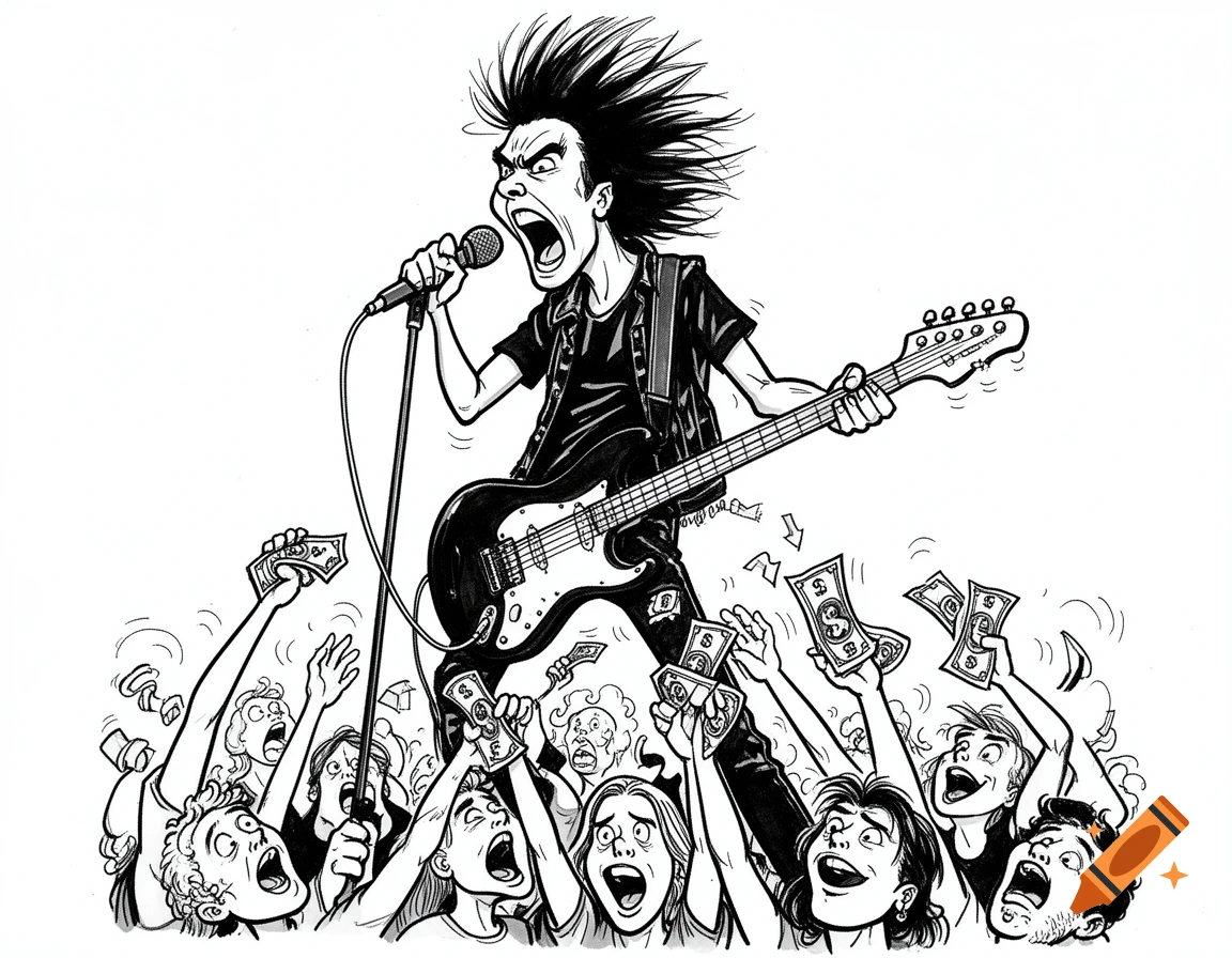 A black and white comic illustration of an angry rock star with spiky hair, shouting into a microphone while playing an electric guitar as a crowd of fans throws money at him.