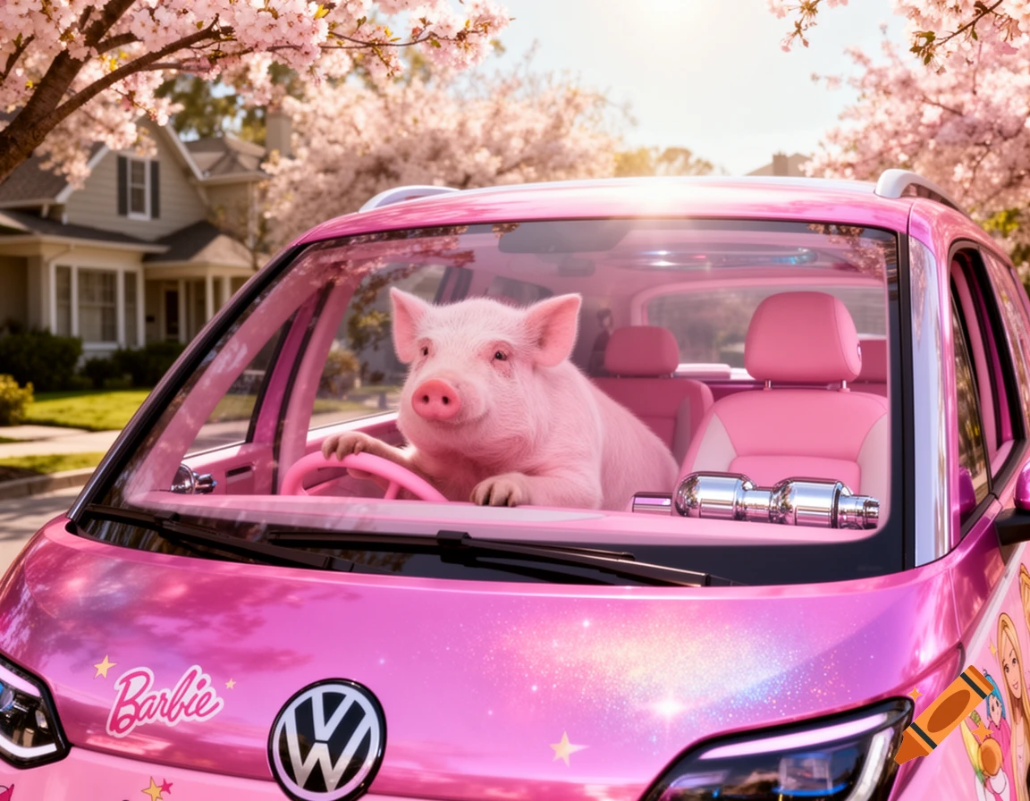 A pink pig drives a sparkly pink Barbie-themed Volkswagen ID. Buzz van under cherry blossoms in a suburban setting.