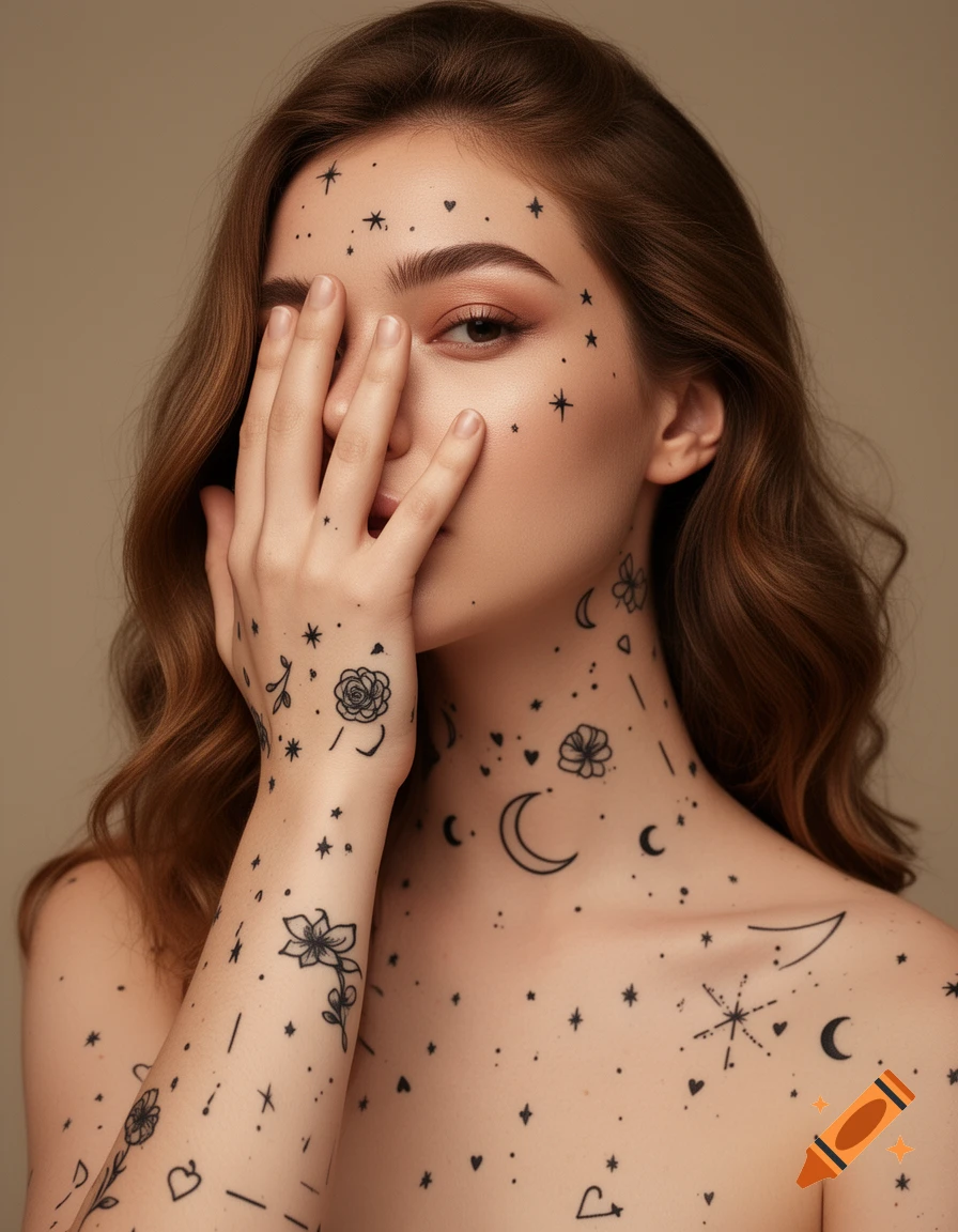 A young woman with minimalist black tattoos covering her face, neck, chest, and arm, partially hides her face with her hand.