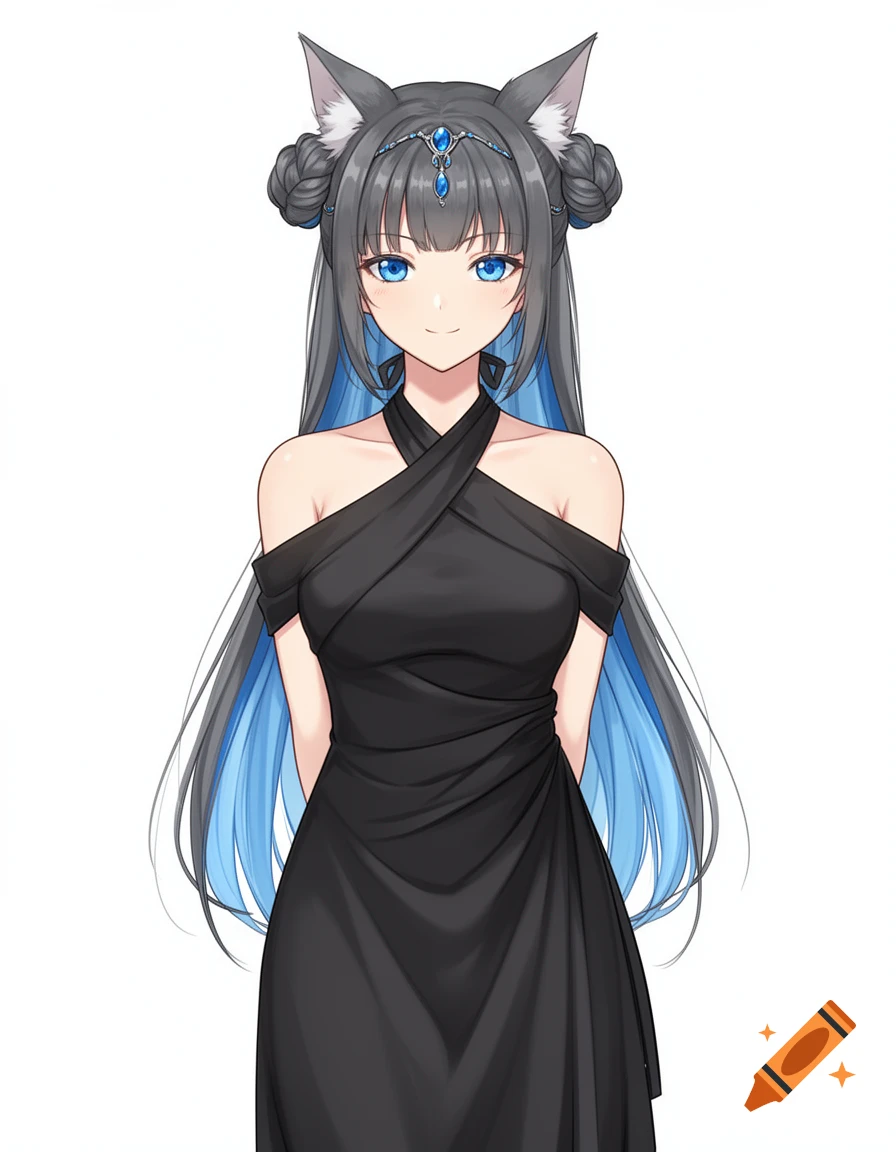 Anime girl with dark gray and blue streak hair, cat ears, blue eyes, wearing a black off-shoulder dress with a blue gem headpiece, smiling on a white background.