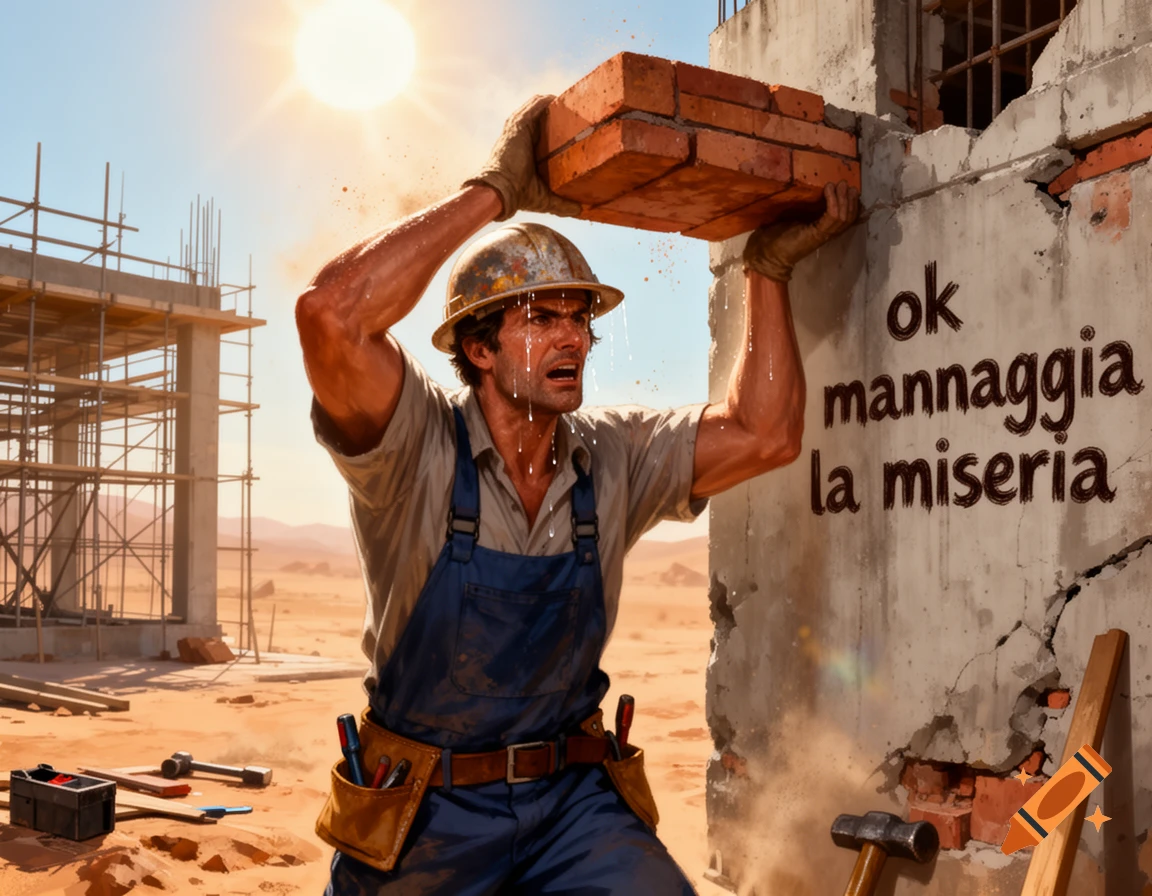 Sweating construction worker in a hard hat lifts bricks at a desert construction site with text "ok mannaggia la miseria" on a wall.
