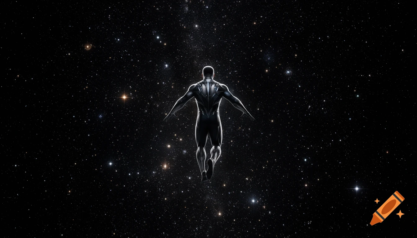 A superhero figure in a dark, sleek suit floats in outer space, viewed from the back against a field of stars.