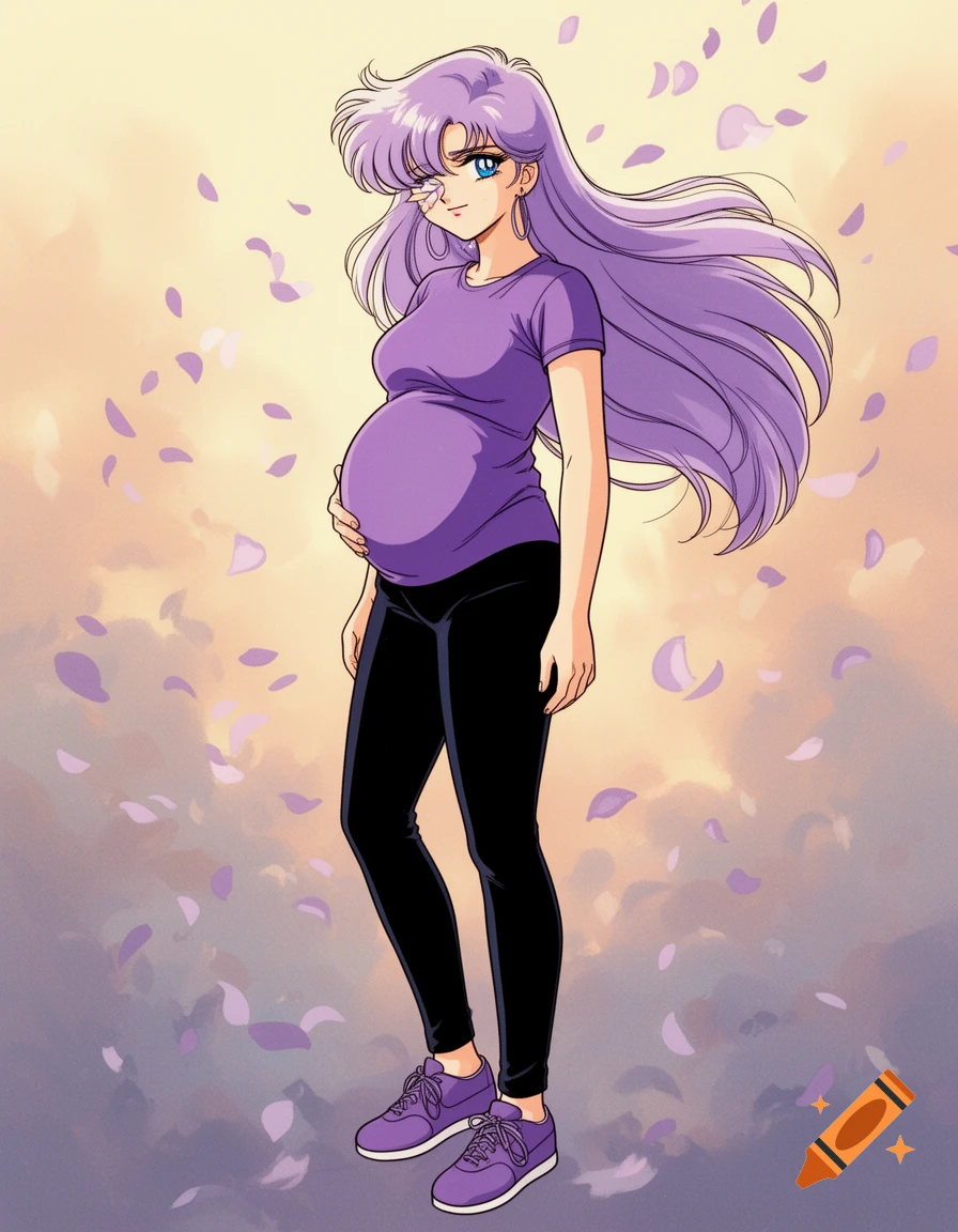 80s anime style illustration of a pregnant woman with long lilac hair, wearing a violet t-shirt, black pants, and violet sneakers, surrounded by floating purple petals.