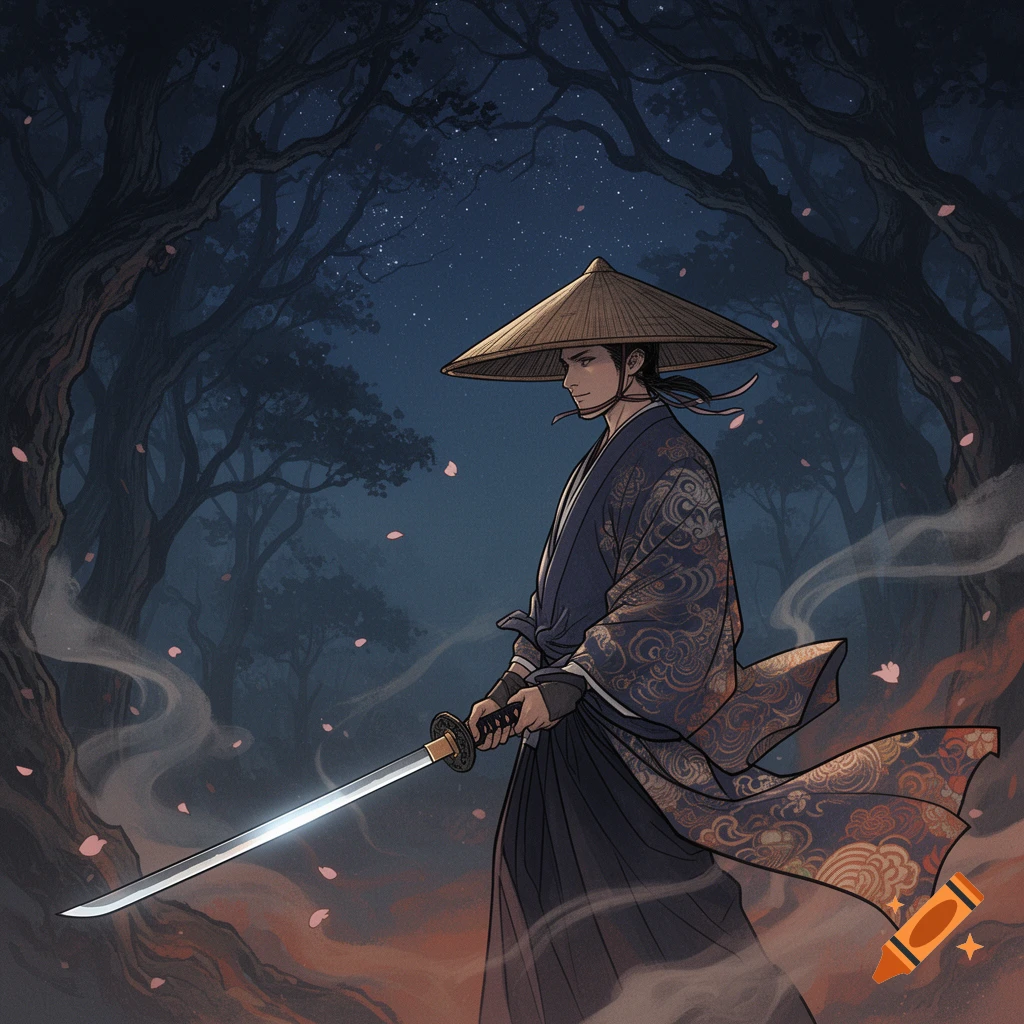 A stylized ronin in a straw hat with a katana stands in a dark, misty forest with falling pink petals.
